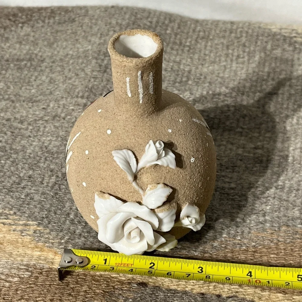 Native American Bud Vase Textured Sand Glaze Sculptured Flowers Butterfly Signed
